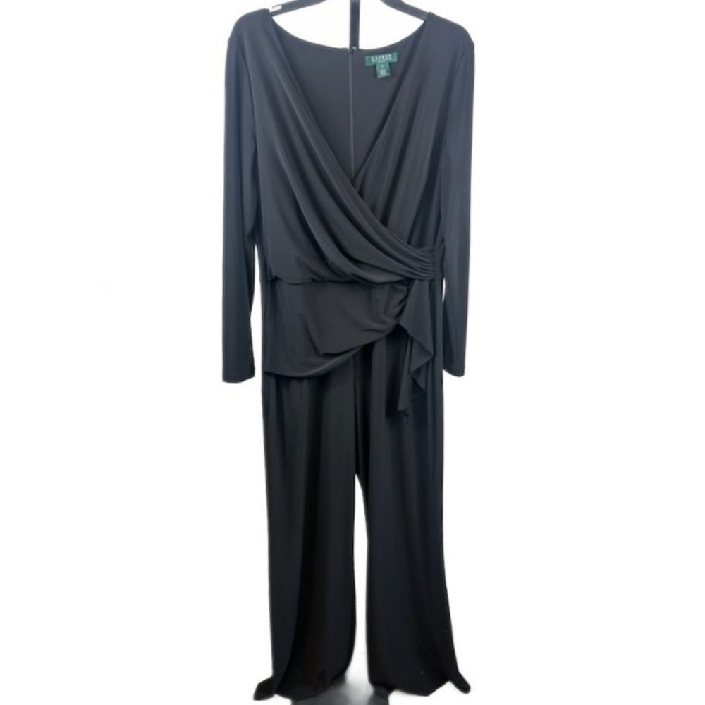 Lauren Ralph Lauren Black Long Sleeve Wrap Front Jersey Jumpsuit Size 14